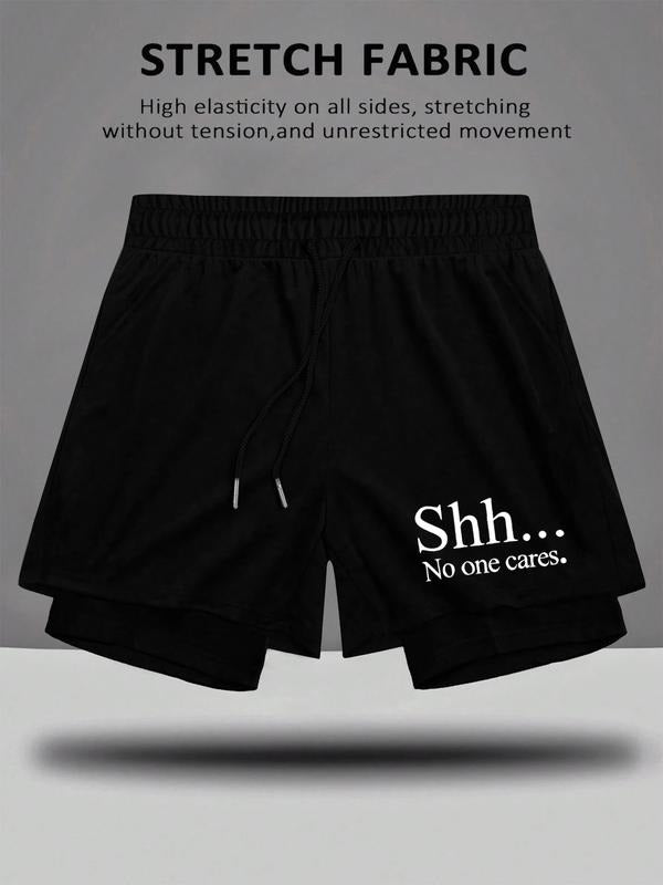 "Shhh, Nobody Cares About You" Printed Double Layer Casual Breathable Comfortable Men's Shorts with Drawstring Elastic Summer Athleisure Shorts